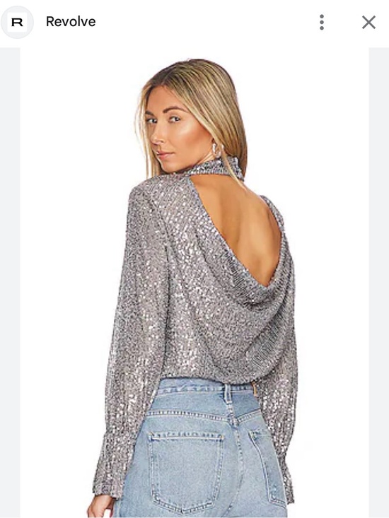 1State Tops - #53-Metallic Silver Sequin Mock Neck Blouse